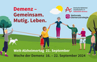 Kampagnenmotiv zum Welt-Alzheimertag mit Menschen auf grüner Wiese, die sich an der Hand halten