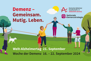 Kampagnenmotiv zum Welt-Alzheimertag mit Menschen auf grüner Wiese, die sich an der Hand halten